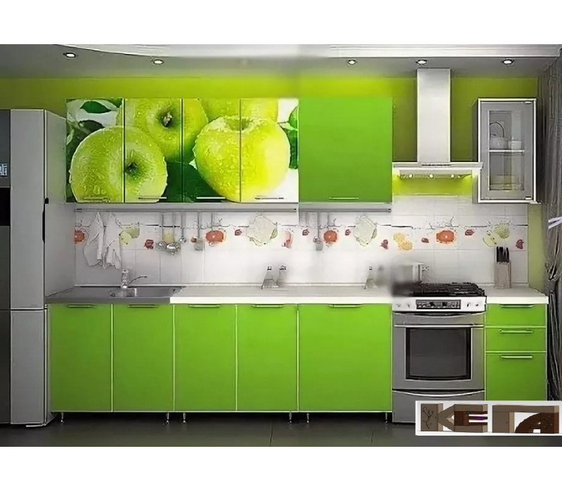 Кухня с фотопечатью Яблоко Белый глянец холодный/Салатовый металлик МДФ Миф-мебель